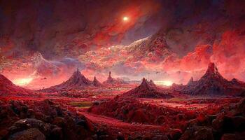 Surprising Landscape of an unexplored planet, A fantasy mountain with a hidden cave and a plasma red sky. photo