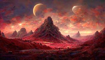 Surprising Landscape of an unexplored planet, A fantasy mountain with a hidden cave and a plasma red sky. photo
