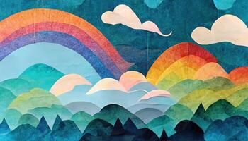 Sky with clouds and rainbow background in paper texture. photo