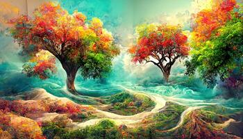 3d mural wallpaper for canvas for frames digital graphic like the impression of drawing, colorful tree digital landscape. photo