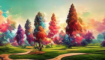 Amazing 3d mural wallpaper for canvas for frames digital graphic like the impression of drawing, colorful tree digital landscape. photo