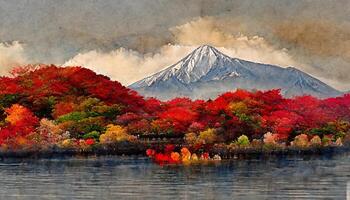 excepcional vistoso otoño temporada y montaña fuji con rojo hojas a lago kawaguchiko en Japón. generativo ai foto