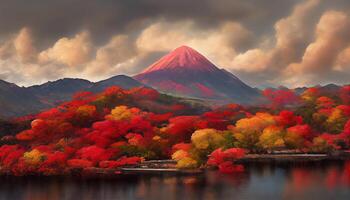 Colorful autumn season and Mountain Fuji with red leaves at lake Kawaguchiko in Japan. photo