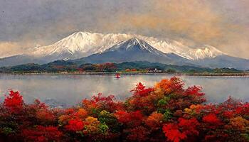 autumn with red maple leaves at kawaguchigo lake japan. photo