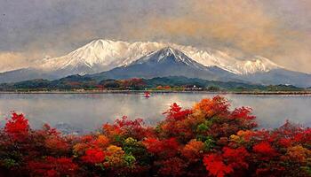 autumn with red maple leaves at kawaguchigo lake japan. photo