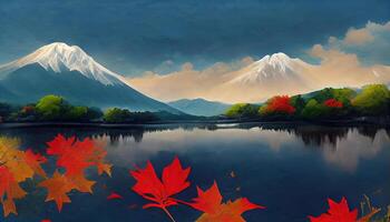 Beautiful landscape of mountain fuji with maple leaf tree around lake in Yamanashi Japan. photo