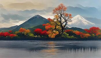 Beautiful landscape of mountain fuji with maple leaf tree around lake in Yamanashi Japan. photo