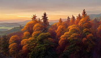 atractivo europeo haya, fagus Sylvatica a amanecer en el schauinsland, con ver de el belchen generativo ai foto