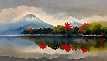 Colorful autumn season and mountain fuji with red leaves at lake kawaguchiko in japan. photo