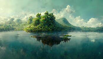 Awesome A conceptual image showing a lung-shaped lake in a lush and pristine jungle. photo