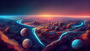 Galaxy, unknown planet. Dark natural scene with light reflection in water. Neon space galaxy portal. photo