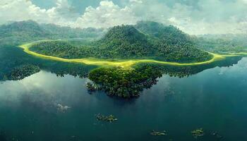 Awesome A conceptual image showing a lung-shaped lake in a lush and pristine jungle. photo
