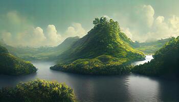 A conceptual image showing a lung-shaped lake in a lush and pristine jungle. photo