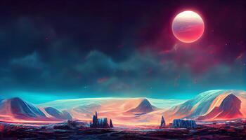 Galaxy, unknown planet. Dark natural scene with light reflection in water. Neon space galaxy portal. photo