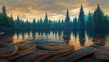 Empty forest scene with trees and river. photo
