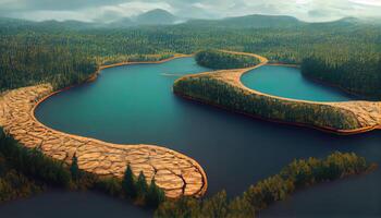 un lago en el forma de registros en el medio de un bosque servicio como un metáfora. generativo ai foto