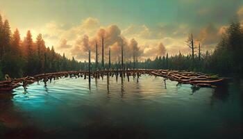 A lake in the shape of logs in the middle of a forest serving as a metaphor. photo