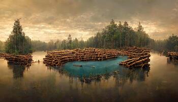 Details of an old wooden destroyed bridge across the river. photo