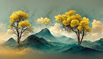 Brown trees with golden flowers and turquoise, black and gray mountains in light yellow background with white clouds and birds. photo