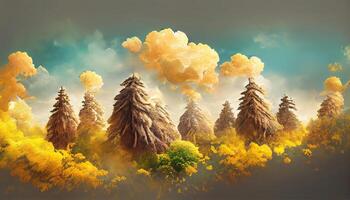 Outdoor nature silhouette sunset scene and yellow background with white clouds and birds. photo