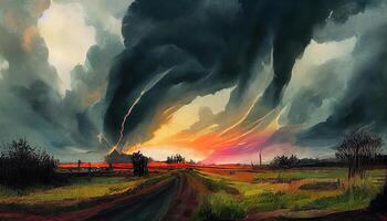 Along the road and lightning. powerful lightning bolt strikes the ground in an open. photo