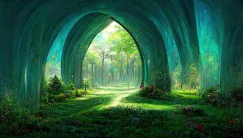 A stone path in a dense forest leads to a rock in which there is a portal to another dimension. photo