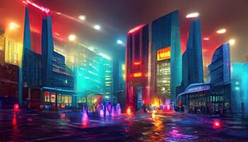3D Rendering of neon mega city with light reflection from puddles on street heading toward buildings. photo