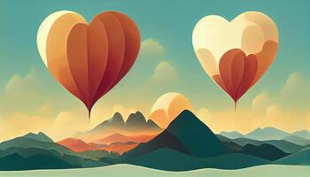 Illustration of mountain view scenery with heart shape hot air balloons float up in the sky on 3D paper art. photo