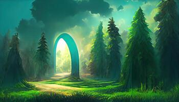 In a dense forest, an archway leads to another dimension, The leaves on the trees are green. photo