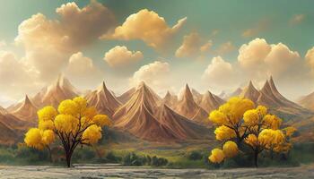 Brown trees with golden flowers and turquoise, black and gray mountains in light yellow background with white clouds and birds. photo