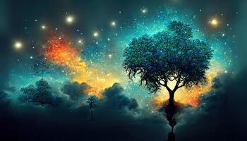 The tree in the night sky, 3d illustration, 3D graphics, 3d rendering, Detailed, colored. photo
