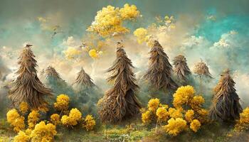 Mountain and lake sunset landscape illustration wild nature background. photo