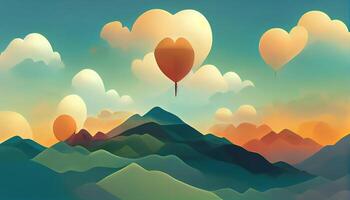 Illustration of mountain view scenery with heart shape hot air balloons float up in the sky on 3D paper art. photo