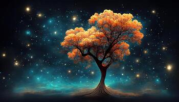 Original 3d render of a tree against a sunset sky. photo