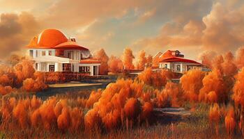 Attractive 3d rendering, Detailed, colored The house is surrounded by a lots of money and natural on the orange sky. photo