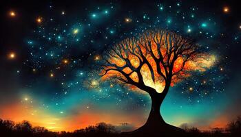 3d tree silhouetted tree against a moonlit landscape. photo