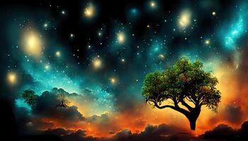 Wonderful The tree in the night sky, 3d illustration, 3D graphics, 3d rendering, Detailed, colored. photo