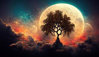 3d render of a silhouette of a tree against a space sky with moon photo