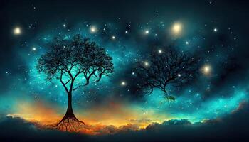 Wonderful The tree in the night sky, 3d illustration, 3D graphics, 3d rendering, Detailed, colored. photo