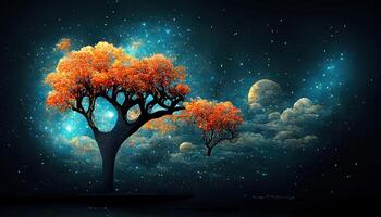 Awesome The tree in the night sky, 3d illustration, 3D graphics, 3d rendering, Detailed, colored. photo