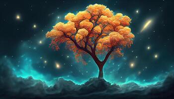 The tree in the night sky, 3d illustration, 3D graphics, 3d rendering, Detailed, colored. photo