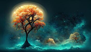 Awesome The tree in the night sky, 3d illustration, 3D graphics, 3d rendering, Detailed, colored. photo