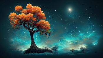 3d tree silhouetted tree against a moonlit landscape. photo
