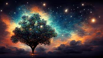 Surprising The tree in the night sky, 3d illustration, 3D graphics, 3d rendering, Detailed, colored. photo