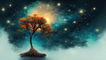 Original 3d render of a tree against a sunset sky. photo
