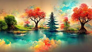 Watercolor autumn landscape background. photo