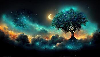 Original 3d render of a tree against a sunset sky. photo