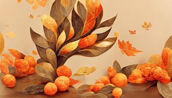 3d podium background products with geometric forms autumn holiday seasonal background. photo