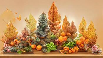 Exceptional Autumn display podium decoration background with orange leaves, trees, gift box, product display mock up. photo