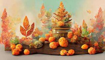 3d podium background products with geometric forms autumn holiday seasonal background. photo